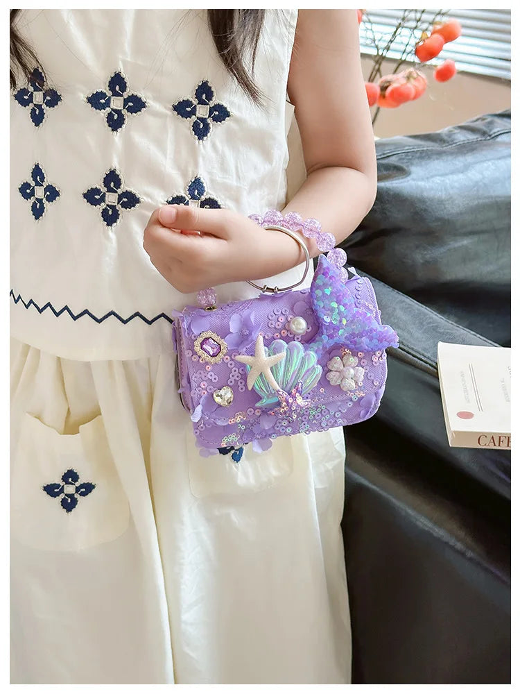 Lovely Sequin Girls Square Shoulder Bag Fish Tail Starfish Princess Crossbody Bags Bead Handle Children's Small Handbags Purse.