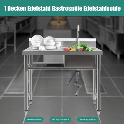 Küchenspüle mit 201 Stauraum, Edelstahlspüle mit Waschbecken, 100 x 60 x 93 cm, freistehendes kommerzielles Küchenspüle aus Edelstahl