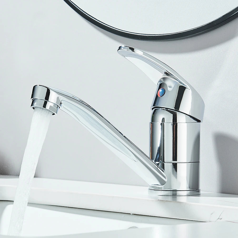 Kitchen Faucets Chrome Deck Mount Bathroom Basin Faucets Single Handle Single Hole Hot and Cold Water