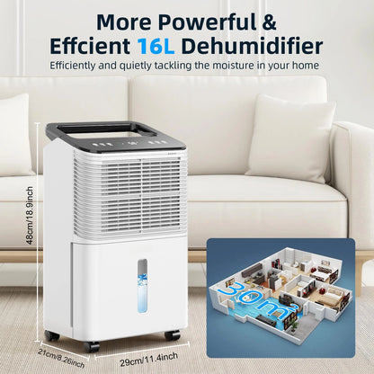 Dehumidifier for Bedroom 16 L/day, Ultra-quiet Electric Intelligent Central Control, Auto Mode, Moisture Display, 24h Timer Home.