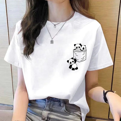 Women Short Sleeve Top Summer New Pocket Panda Cartoon Printed T-shirt Korean Fashion Women Tops Loose Round Neck T Shirt Women.