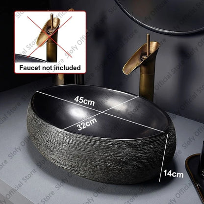 Retro-Kunst-Keramikwaschbecken, mehrere Stile, schwarzes Waschbecken, Einzelschüssel, Low-Key-Luxus-Aufsatzwaschbecken für Haushalt, Hotel, Badezimmer
