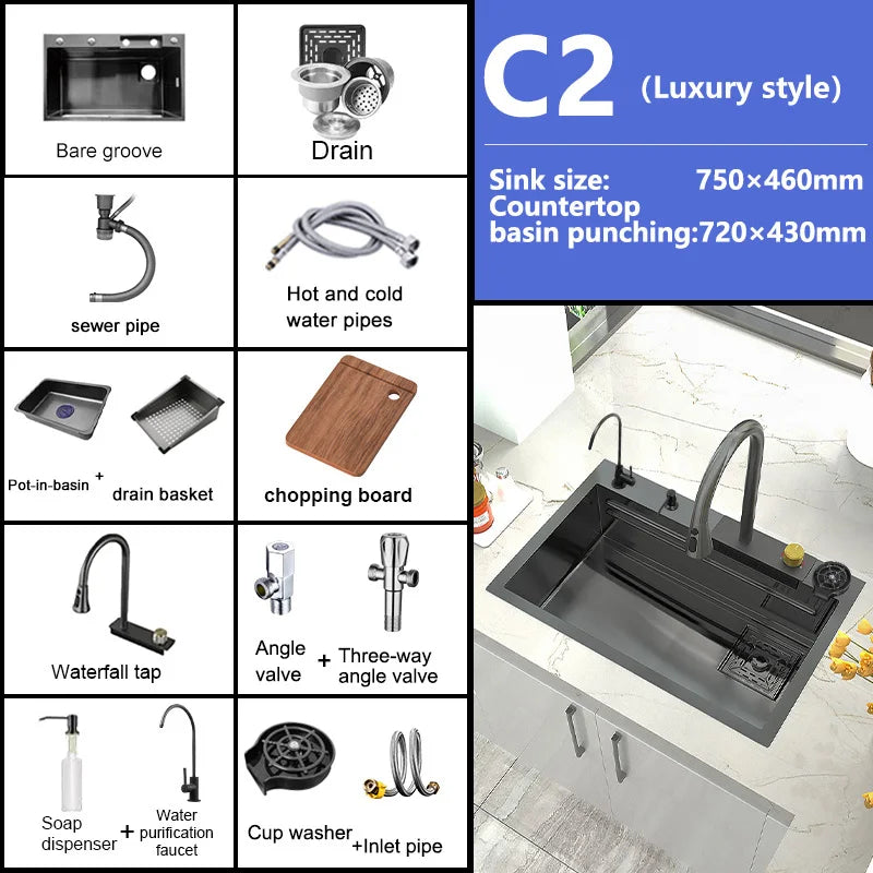 Kitchen Sink Stainless Steel Large Single Slot Multifunctional Tank Wash Basin With Waterfall Faucet Lowe Price