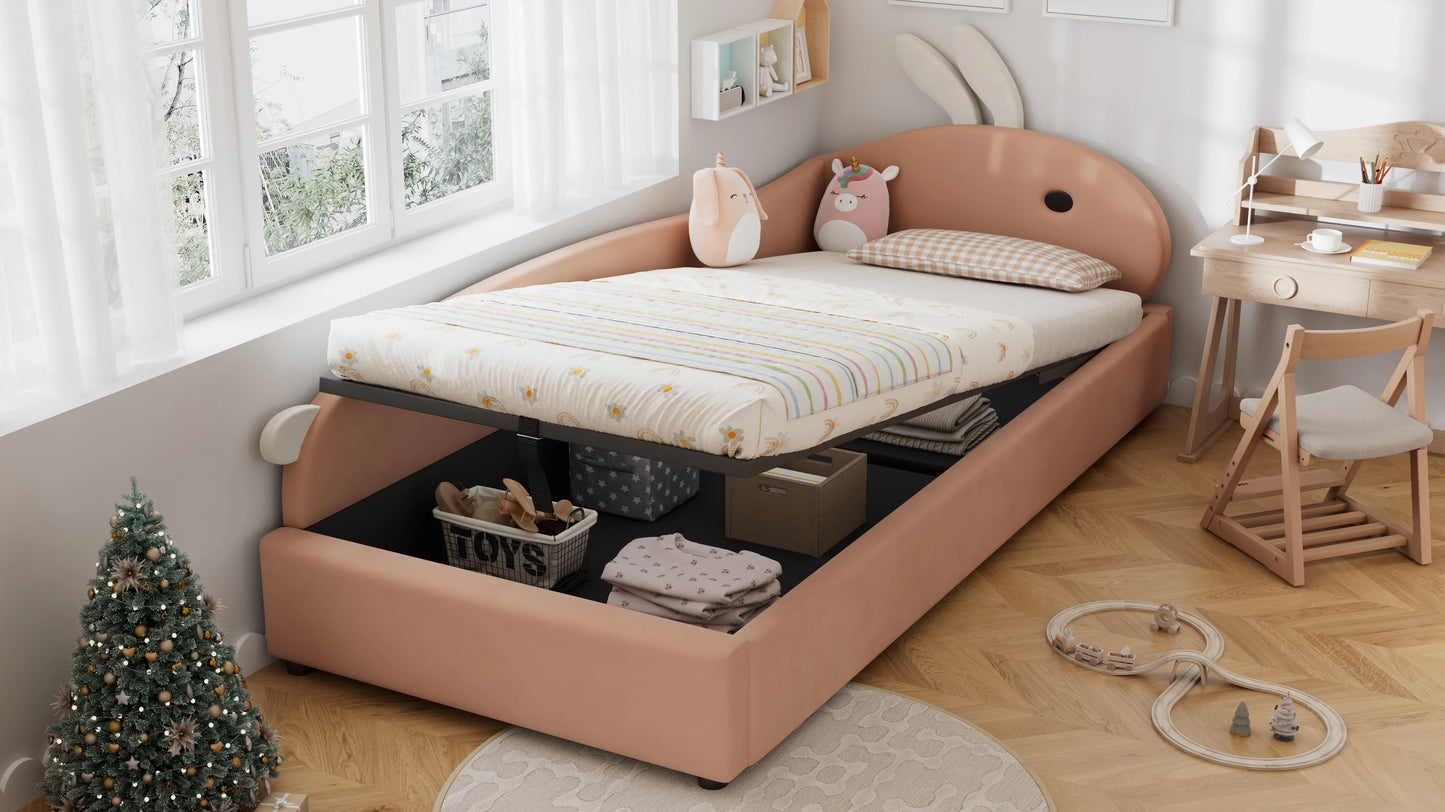 Polsterbett, Einzelbett, Babybett, niedlicher Hasenkopf, hydraulisches Bett mit Stauraum, erhöhter weicher Zaun, Samt, rosa + weiß, 90 x 200 cm