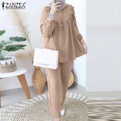 ZANZEA Women Elastic Waist Trouser 2pcs Tracksuit Muslim Fashion Long Sleeve Ruffles Tops Turkey Pant Sets Elegant Matching Sets