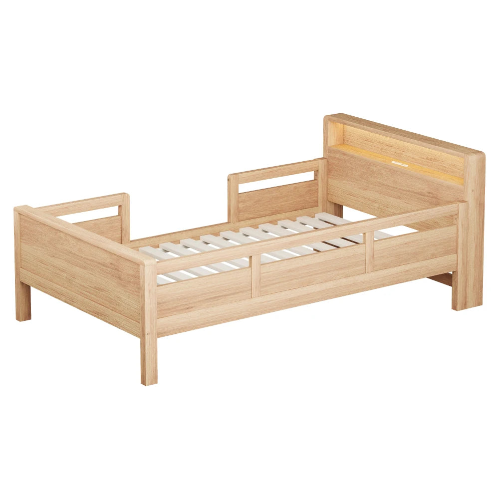 Multifunktions-Holzbett, USB- und Tape-C-Kombinationssteckdose, kleines LED-Licht, Kopfteil mit Einlagerfunktion, Einzelbett