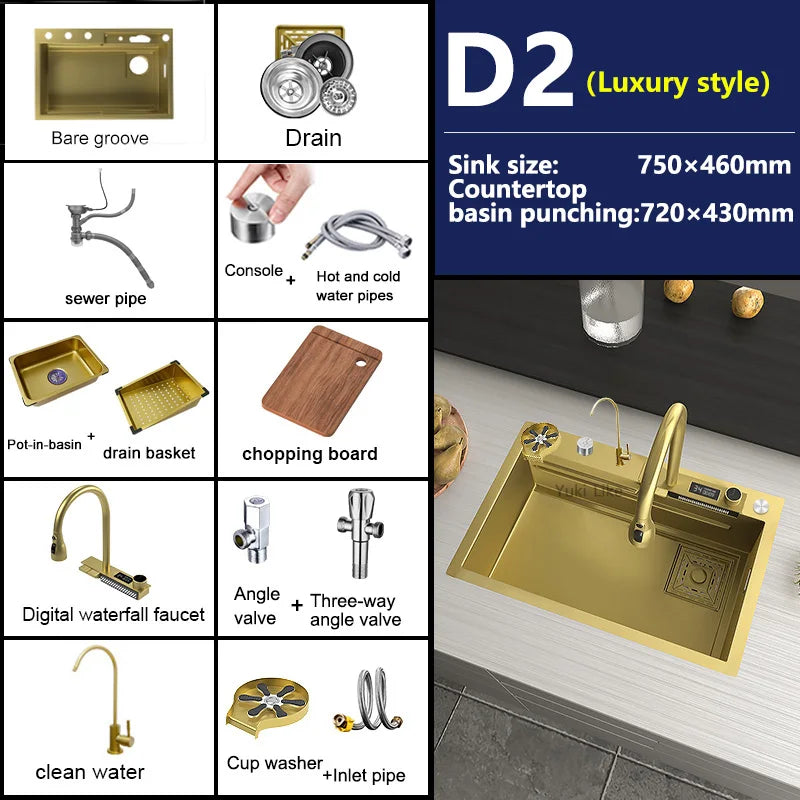 Golden Stainless Steel Kitchen Sink Waterfall Outlet Large Single Sink Digital Display Dishwashing and Vegetable Sinks