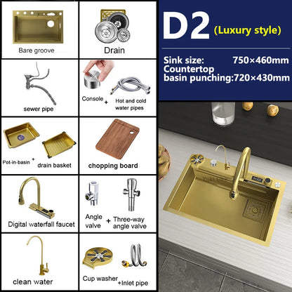 Golden Stainless Steel Kitchen Sink Waterfall Outlet Large Single Sink Digital Display Dishwashing and Vegetable Sinks