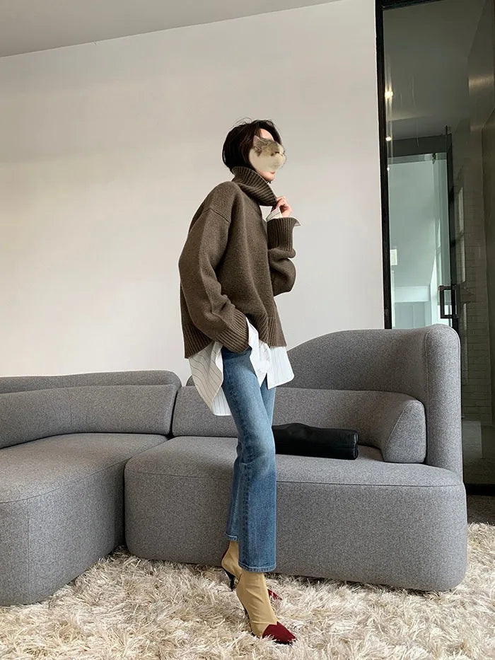 2023 Autumn and Winter New Thick  Sweater Women High Neck Pullover Sweater Warm Loose Knitted Base Sweater Jacket Tops