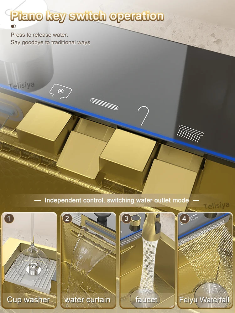 Goldenes Wasserfall-Küchenspüle, Edelstahlspüle, geprägte Digitalanzeige, Einzelschlitz-Waschbecken für die Wohnung, goldenes Waschbecken