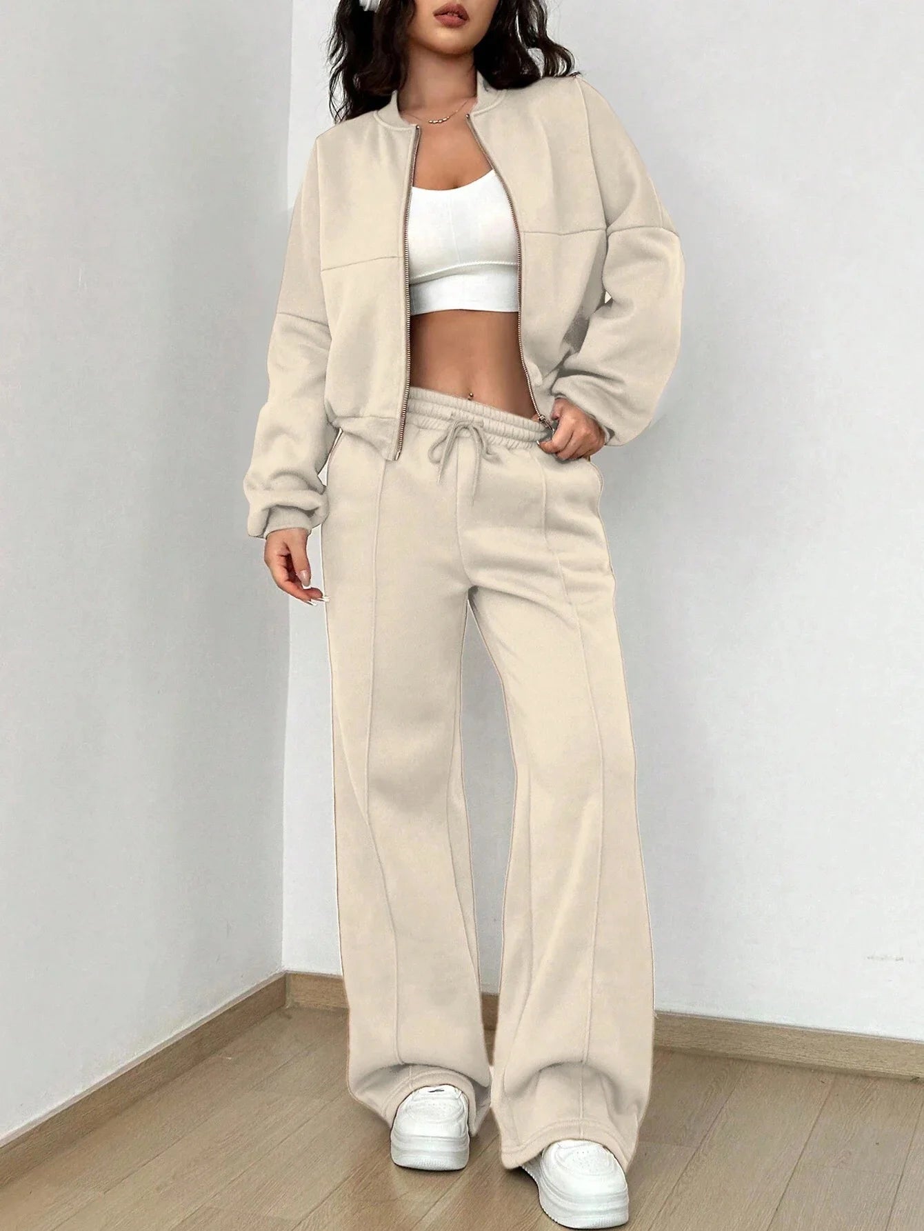 Autumn Winter New Cardigan Zipper Slim Two-piece Sets Women Casual Jakcet Coats Wide Leg Pant Set Fashion Female Clothing Suit.
