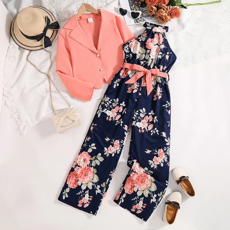 Spring and summer girls fashion outdoor leisure vacation 2-piece pink suit + loose halter high waist one-piece pants dress set.