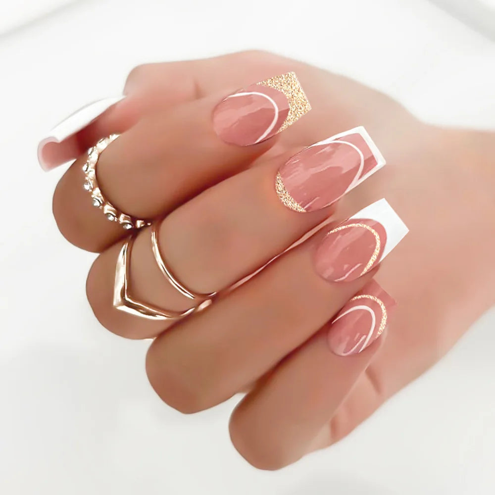 24pcs/set short square fake nails for women cute bride heart white french tips faux ongles y2k press on false nail supplies