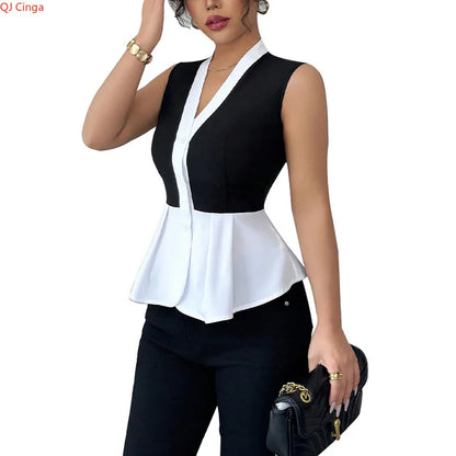 New Fall Women's Sleeveless Shirt, Black and White Block-Colored V-Neck Shirts, Asian Sizes S-XL..