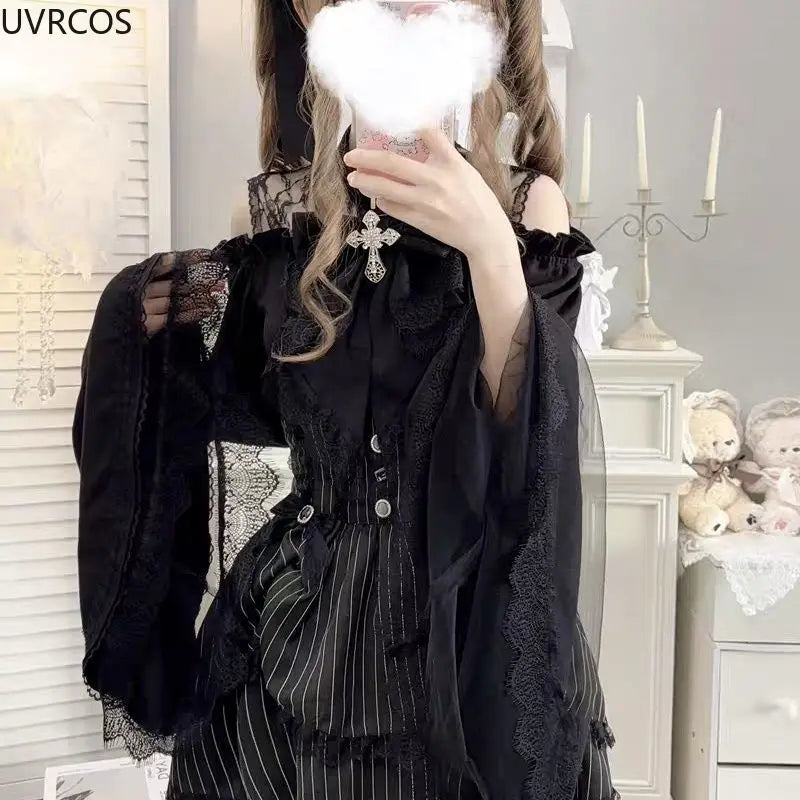 Gothic Y2k Lolita Style Shirts Women Kawaii Ruffled Collar Flare Long Sleeves Blouse Female Japanese Victorian Vintage Slim Tops.