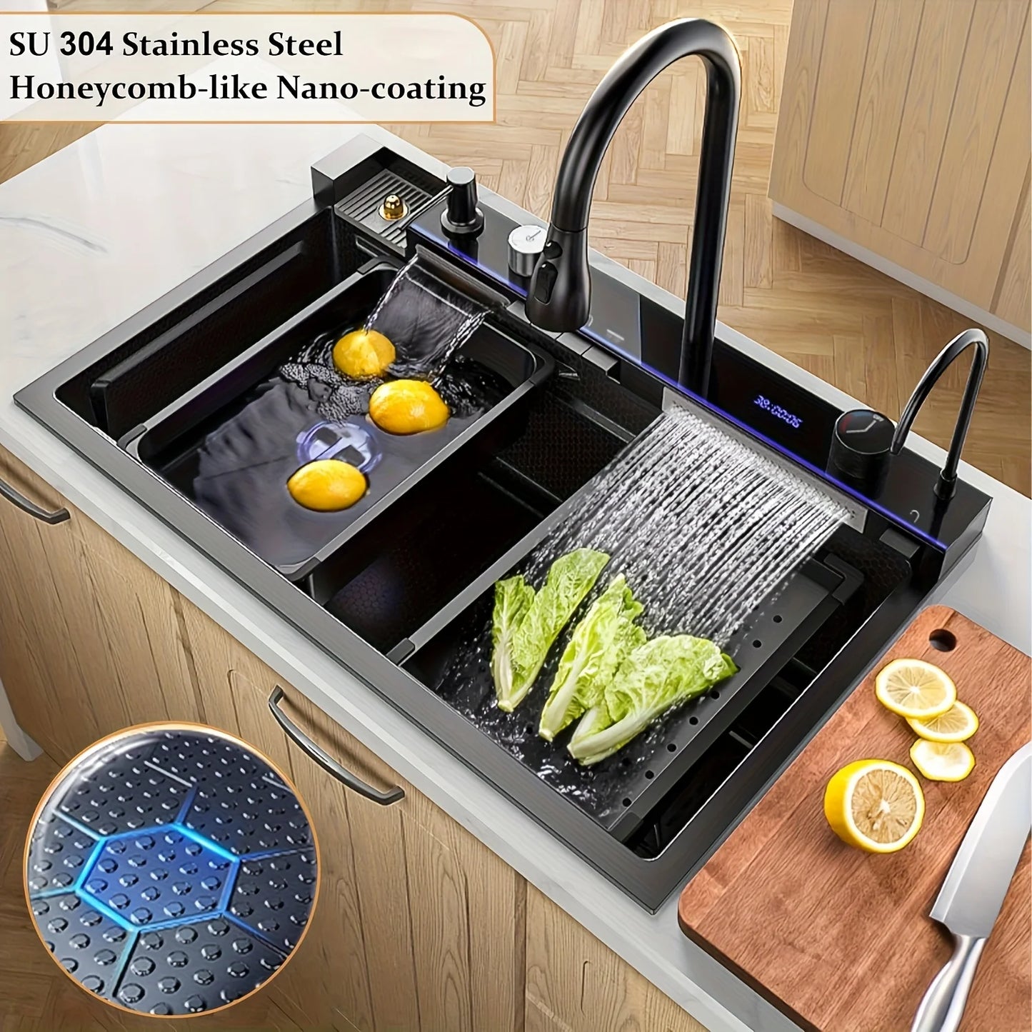 Modern Luxury Smart Kitchen Sink – Pull-Out Faucet with 3 Spray Modes, Cup Washer, Soap Dispenser & LED Mood Lights