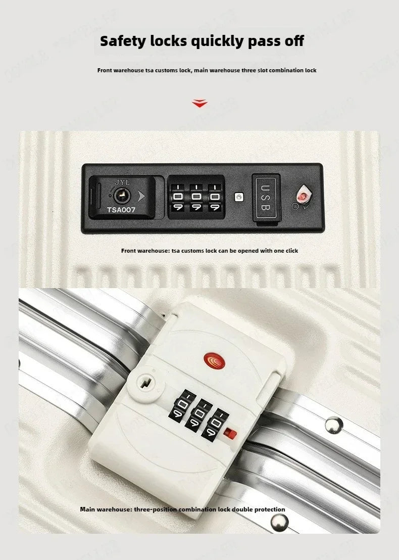 Vorne öffnender Rollgepäckkoffer mit großer Kapazität, Aluminiumrahmen, ABS + PC-Trolley, Koffer, USB-Lade-Boarding-Koffer