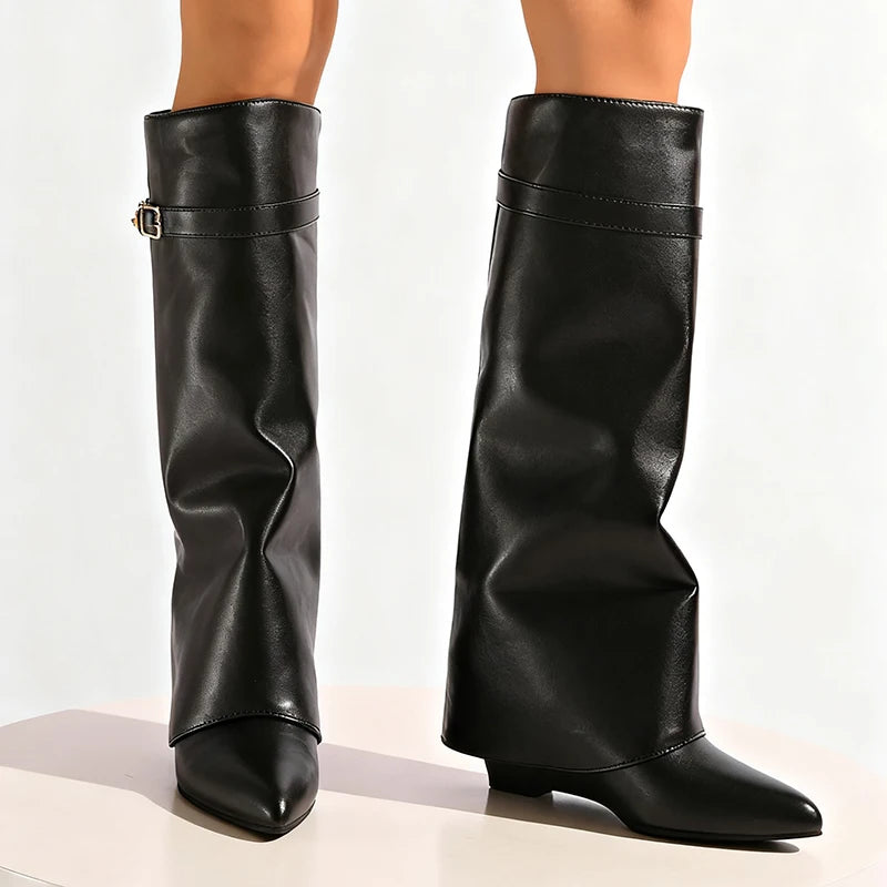 Black Pu Leather Knee High Boots Women Sexy Pointed Toe Straight Leg Boots Woman Punk Style Wedge High Heels Long Botas Mujer.