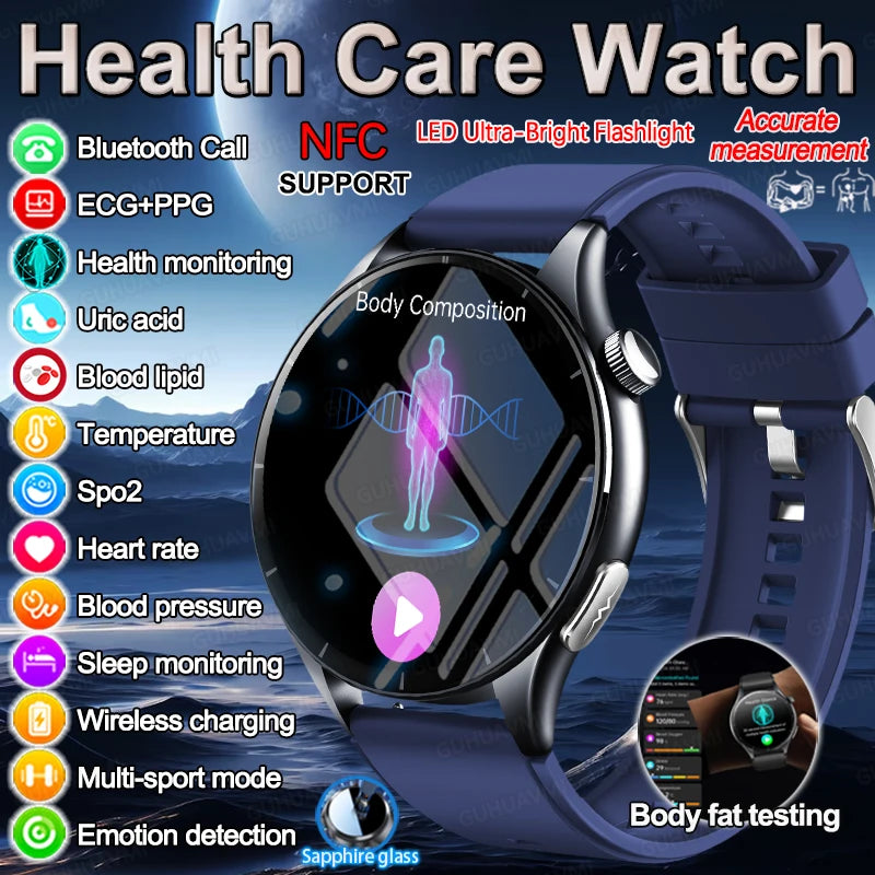 2025 New NFC  Health MonitorUric Acid Blood Pressure Blood oxygen Body Analysis Smart Watch ECG+PPG Clock Smartwatch Men lady.