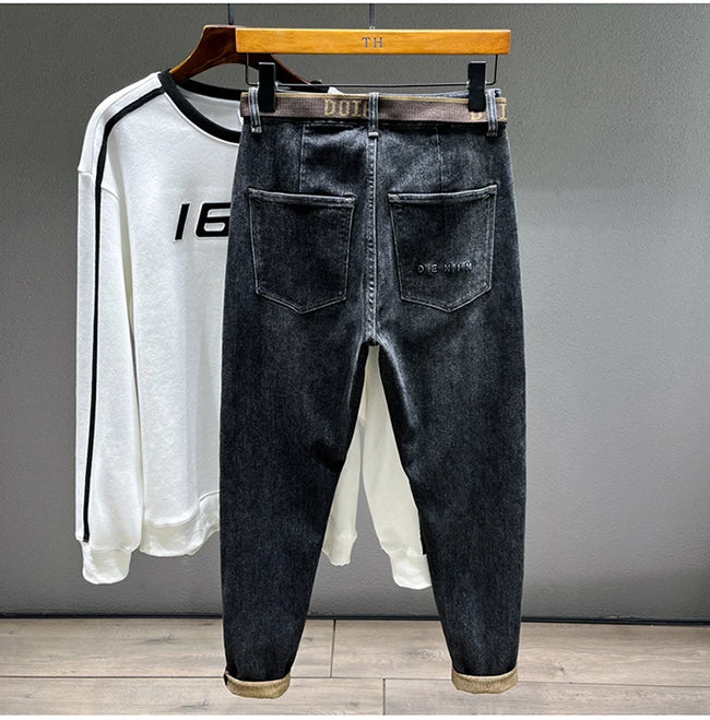 Tapered Jeans for Men's Clothing Autumn New Fashion Embroidered Korean Harem Pants Casual Stretch Black Denim Trousers.