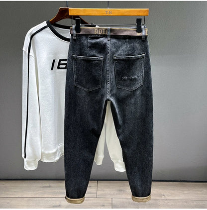 Tapered Jeans for Men's Clothing Autumn New Fashion Embroidered Korean Harem Pants Casual Stretch Black Denim Trousers.
