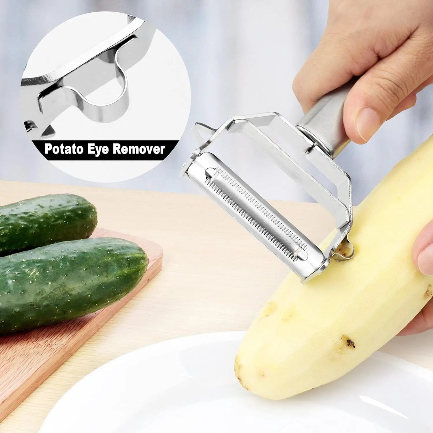 Stainless Steel Vegetable Peeler 4-in-1 Multi-Function Kitchen Tool with Anti-Slip Ergonomic Handle for Potato Carrot Cucumber.