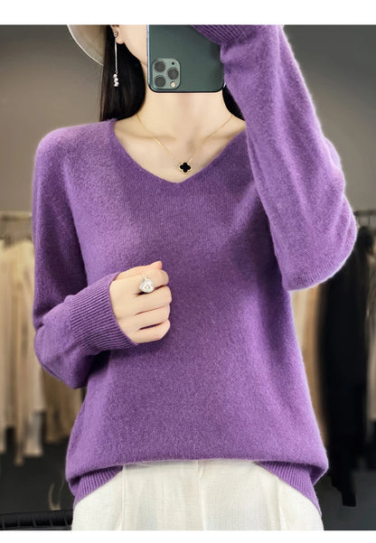 Women 100% Merino Wool Sweater V-Neck Basic Pullover Autumn Winter Cashmere Clothing Long Sleeve Soft Knitwear Tops Solid Color