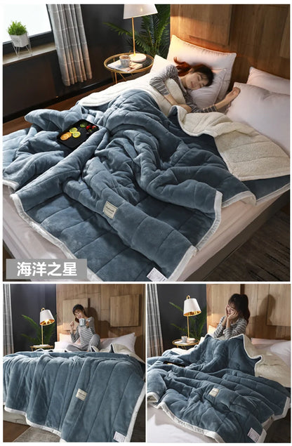 Coral Fleece Autumn Winter Warm Blankets for Bed 3 Layers Thicken Flannel Blanket Quilt Soft Comfortable Warmth Quilts Washable