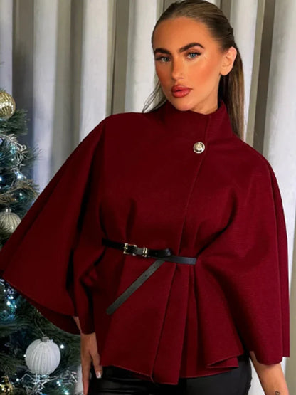 HXAO Damenjacken, übergroße Gürtel-Tunika-Jacke, Herbst-Wintermantel, weiblich, rot, braun, schwarz, Jacke, abgeschnittene Oberbekleidung mit Fledermausärmeln