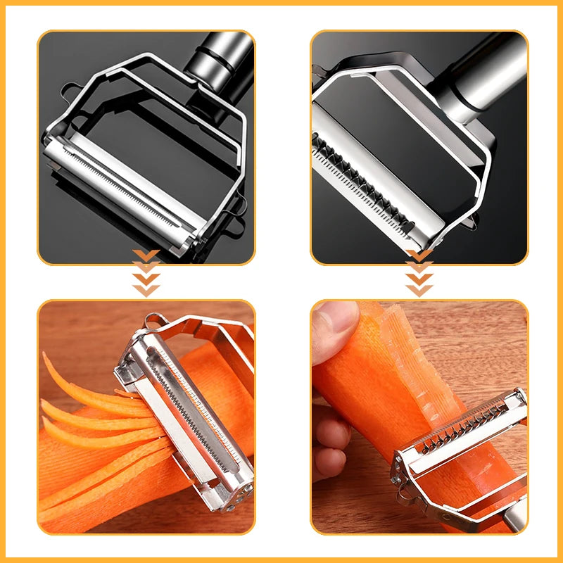 Stainless Steel Vegetable Peeler 4-in-1 Multi-Function Kitchen Tool with Anti-Slip Ergonomic Handle for Potato Carrot Cucumber.