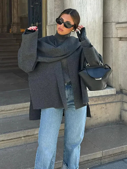 ZBZA Women's Asymmetric Scarf Knitted Jacket O-neck Single Button Side Slit Solid Loose Coat Winter New Female Chic Outerwear.