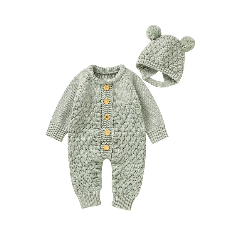 Autumn Baby Rompers Solid Long Sleeve Knitted Newborn Boys Girls Winter Outwear Jumpsuits Hats Clothes Sets 0-18m Infant Outfits