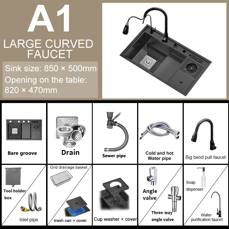 Stepped Stainless Steel Sink Kitchen with Cup Washer Multifunctional Large Single Slot Washbasin Dishwasher Sinks