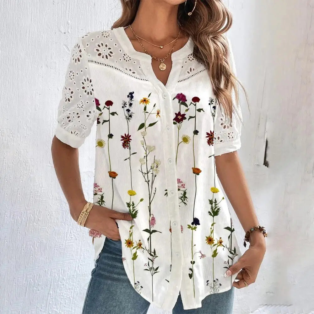 Temperament Casual Lace Woman Shirt Fashion Loose Shirt Woman Elegant Short Sleeve Blouse Holiday Weekend.