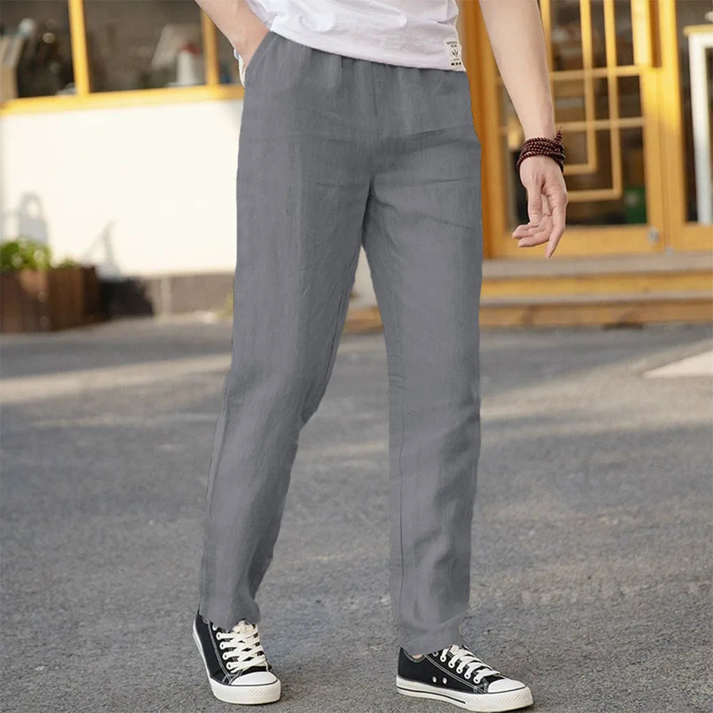 Men's Cotton Linen Pants Straight Leg Elastic Waist Lightweight Breathable Casual Simple Style Male Basic Long Pants.