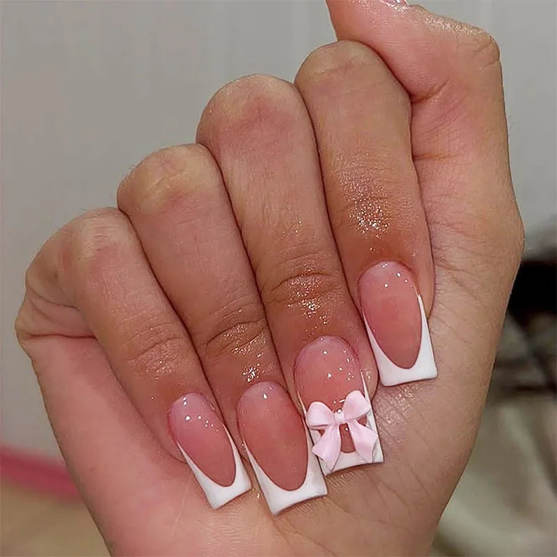 White French Press on Nails 3D Bowknot Fake Nails Tips Full Cover Wearable False Nails for Women and Girls DIY Manicure 24Pcs.