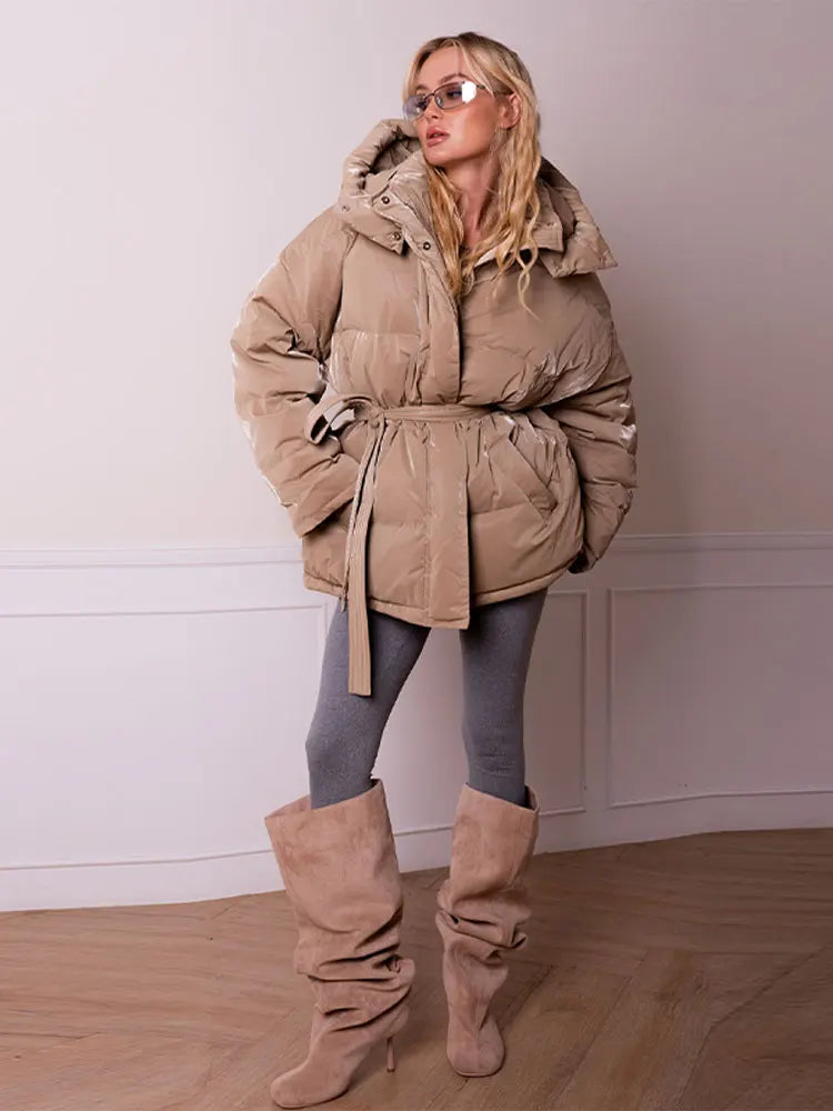 Frauen Glänzend Herbst Winter Mit Kapuze Baumwolle Gefütterte Jacke Lose Lange Hülse Spitze Up Warme Mantel 2025, Neue Dame Mode Party outwear