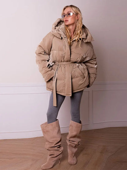 Frauen Glänzend Herbst Winter Mit Kapuze Baumwolle Gefütterte Jacke Lose Lange Hülse Spitze Up Warme Mantel 2025, Neue Dame Mode Party outwear