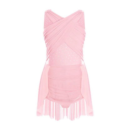 Kinder Mädchen Ärmellose Ausschnitt Strass Eiskunstlauf Trikot Kleid Lyrical Dance Gymnastik Akrobatik Leistung Kostüm