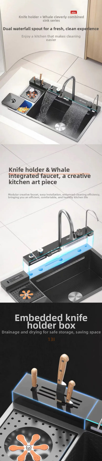 spülbecken küchen new design High-end kitchen sink Knife holder with integrated whale-shaped faucet storage trash can 82*48cm