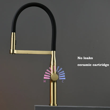 Luxury Brushed Gold Brass Pull Out Kitchen Faucet with Ceramic Cartridge Hot Cold Water Sink Tap Modern High End Sprayer Durable