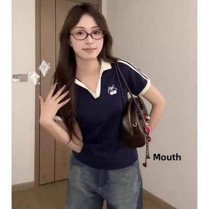Korean Style Sweet Cool Polo Neck Color Block T-Shirt Women's Fashion Autumn Versatile Short Sleeve Mixed Fabric T-Shirt.