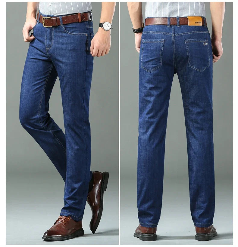 New Ice Silk Thin Denim Jeans For Men Blue Straight Stretch Cotton Pants Business Casual Lightweight Trousers Spring Summer.