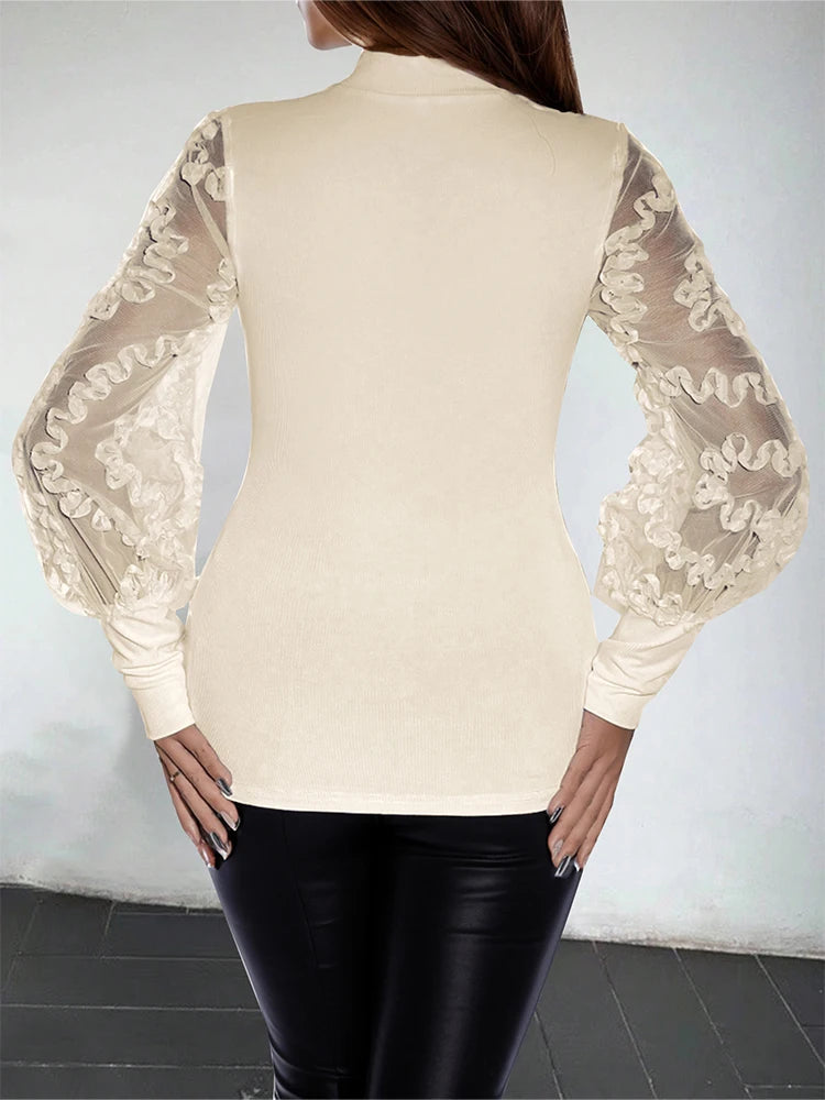 Sommer 2025, langärmlige Damen-Mesh-Bluse mit Spitzenbesatz, Rundhalsausschnitt, vielseitiges, dünnes Modell-Bottom-Shirt