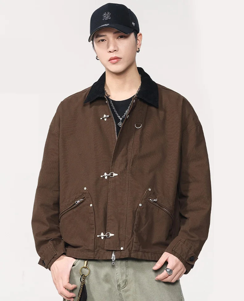 Men Washed Cotton Metal Buckle Streetwear Vintage Loose Casual Short Bomber Cargo Jacket Couple Spring Autumn Coat Outerwear.