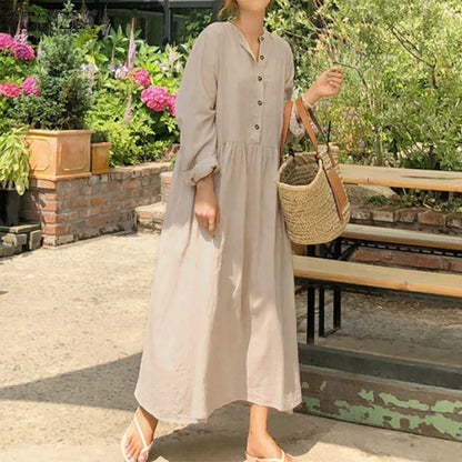 Women's Elegant Solid Cotton Robe Femme 2022 Spring Autumn Bohemian Maxi Dress ZANZEA Casual Long Sleeve Shirt Dresses Oversized.