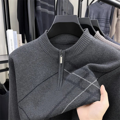 Men's New Thickened Turtleneck Knitwear Autumn Winter New Zipper Solid Color Sweater Middle Aged Warm Knit Top