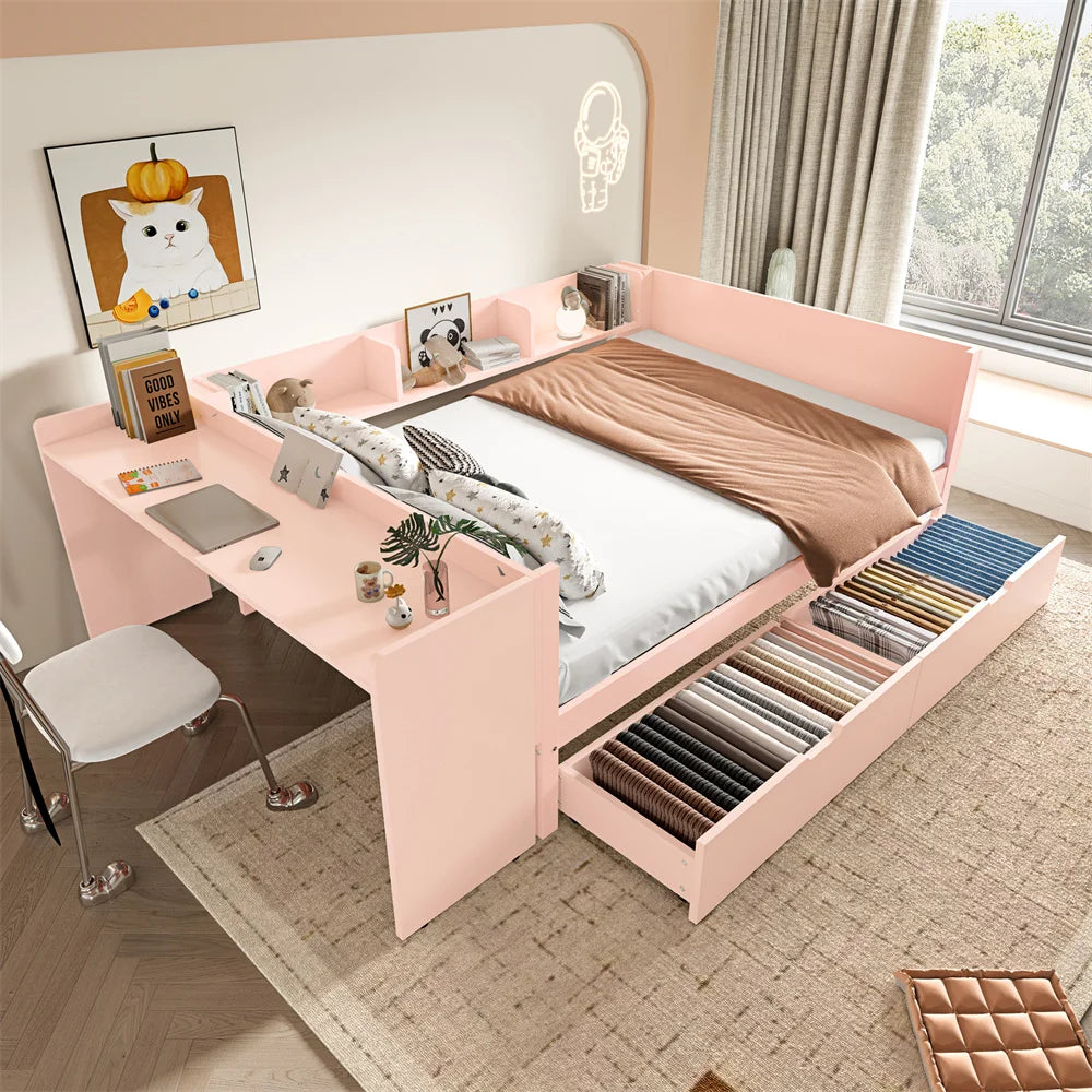 Flachbett, Holzbett, 140x200cm, mit Schreibtisch, Regalen und 2 Schubladen, Doppelbett, Kiefer + Spanplatte, Rosa, Ohne Matratze