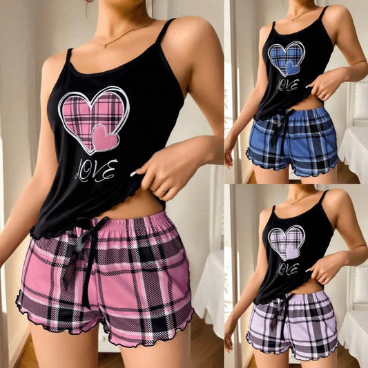 Frauen Sexy Hosenträger Shorts Dünne Pyjamas Brief Drucken Plaid Shorts Große Pyjamas Romantische Hause Tragen Sexy Nachtwäsche Kurze Pyjama