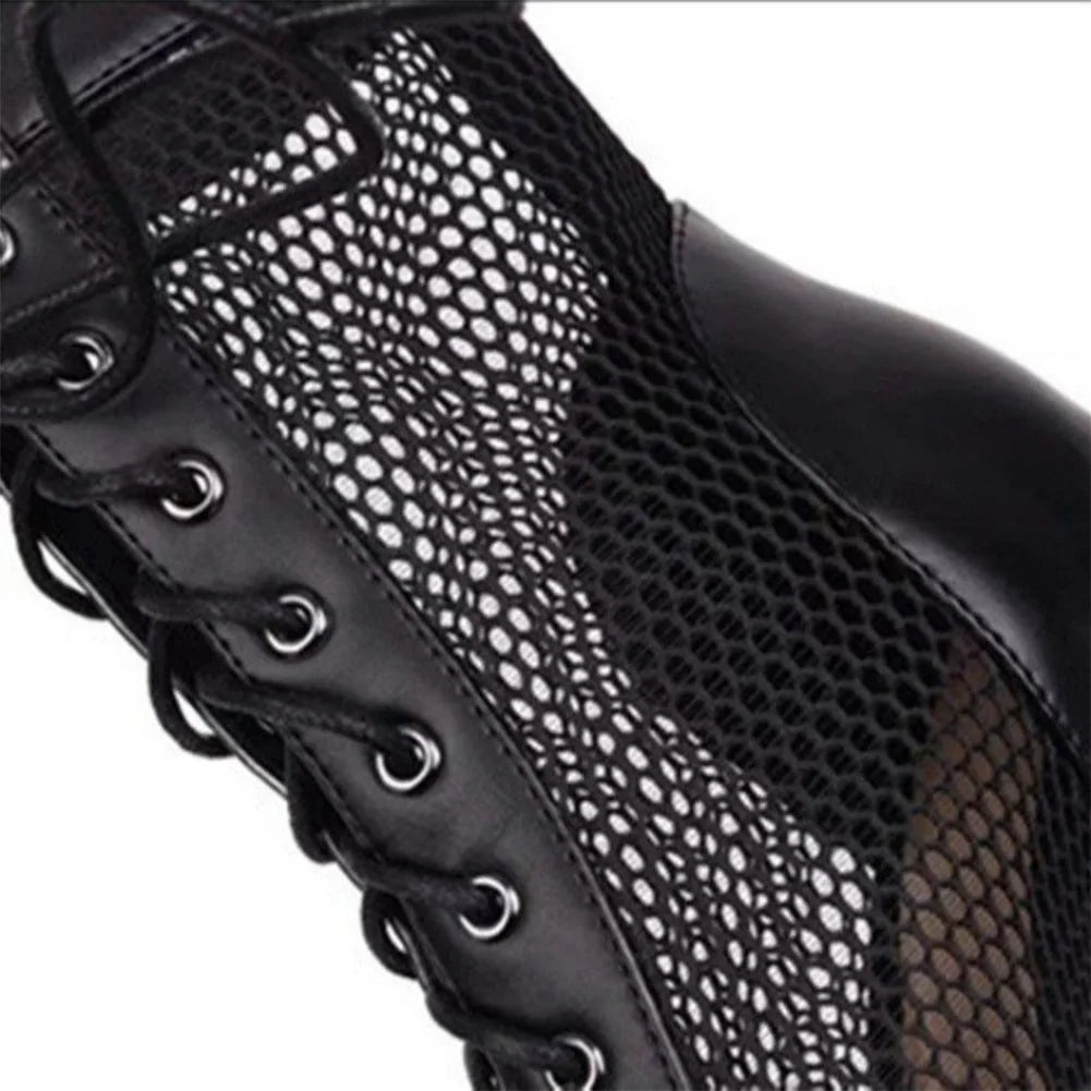 Women Mesh Sandals Breathable High Top Sandals Peep Toe Dance Shoes High Heel Summer Booties for Ballroom.